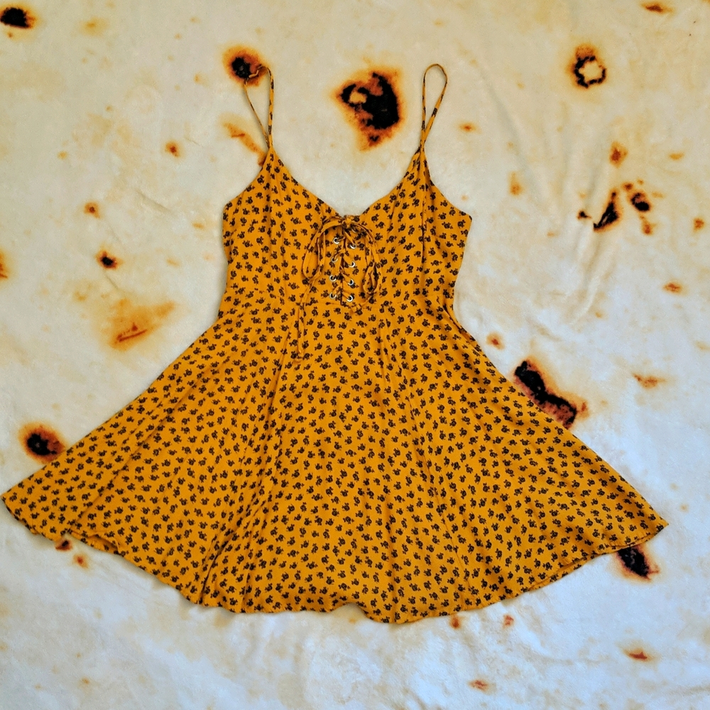 Forever 21 spaghetti strap dress, medium, mustard yellow with black roses